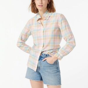 J. Crew Silk Shirt with Pastel Plaid and Ruffle Neck - Size 2